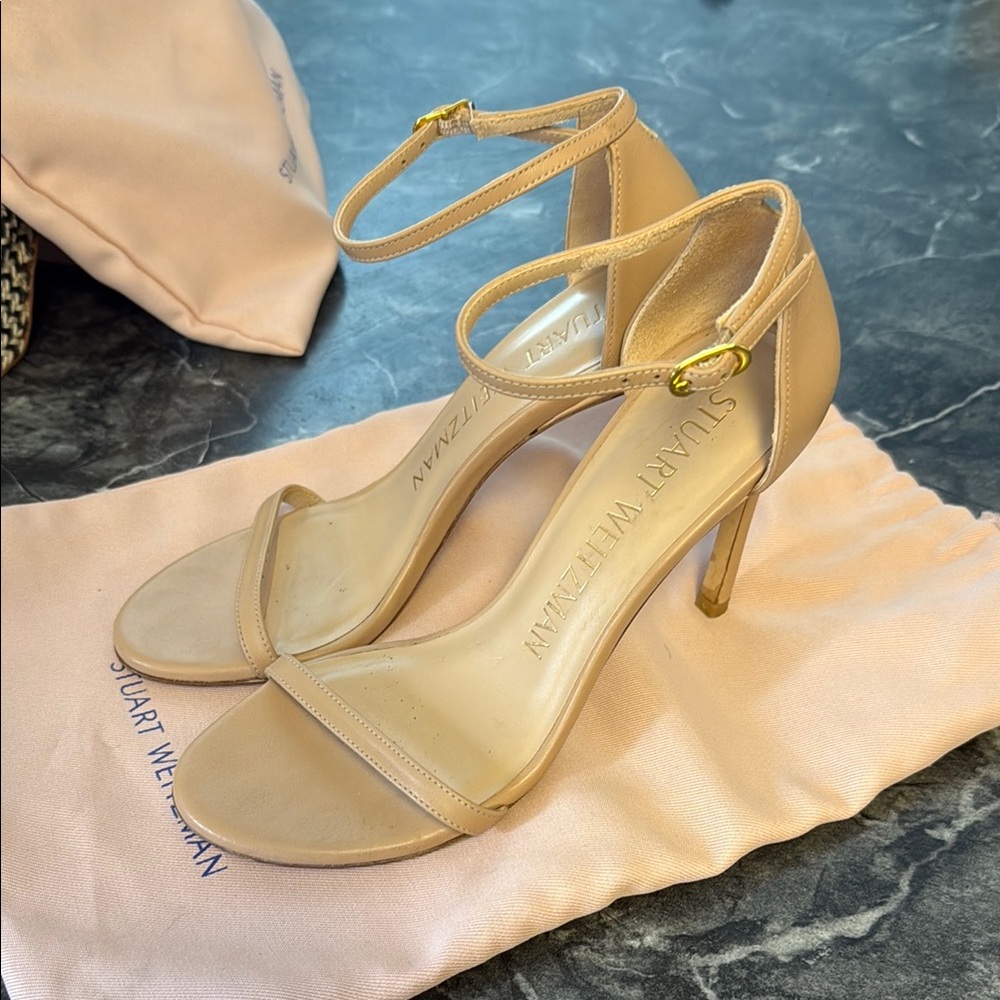 Stuart Weitzman Tan Heels with Stiletto Ankle Strap